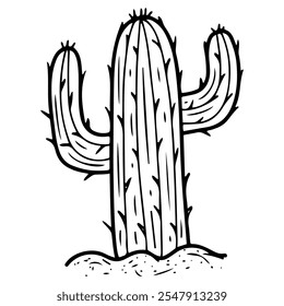 Doodle dibujado a mano de cactus del desierto. Planta del Salvaje Oeste. Naturaleza árida de la región. Prickly suculento. Occidental. Ilustración de arte de línea de Vector.