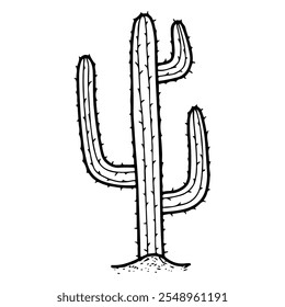 Doodle dibujado a mano de cactus del desierto. Planta del Salvaje Oeste. Naturaleza árida de la región. Prickly suculento. Occidental. Ilustración de arte de línea de Vector.