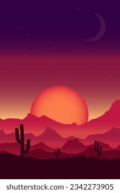 Desert cactus illustration.Evening desert cactus illustration.