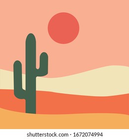 Desert And Cactus Landscape Flat Vintage Illustration