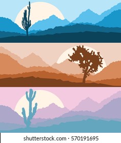 Desert cactus landscape with mountains and hill silhouettes vector nature horizontal background set banners