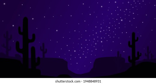 Wüstenlandschaft am Nachthimmel mit Milchweg, silhouettener Hintergrund, Vektorgrafik