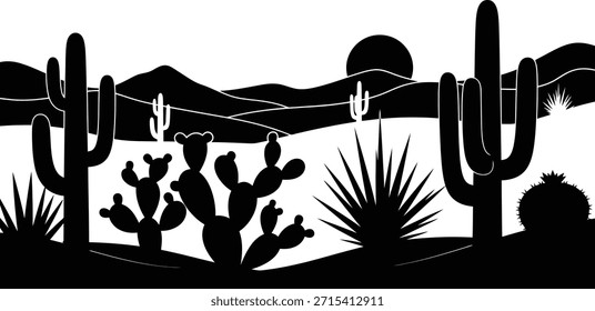 Ilustración vectorial de silueta de paisaje de cactus del desierto para temas de vaqueros del oeste salvaje y escenas de la naturaleza de Arizona.