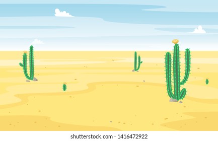 Desert with cactus landscape view. Sand and cacti. Beautiful sunny summer scene. Hot and wild. Vector cartoon flat illustration.