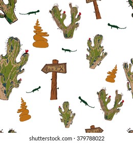 Desert cactus and lizards seamless background pattern.