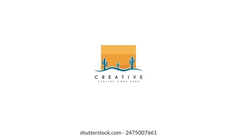Desert with cactus logo design vector illustration.