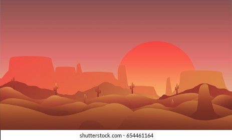 Desert With Cactus And Mesa  - Vector Illustration