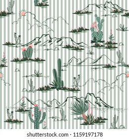 Desert with cactus and mountain  flowers seamless pattern on stripe hand drawn style design for fashion,fabric,and all prints on light green mint line background