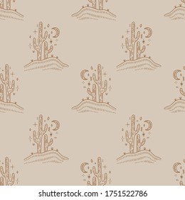 Desert Cactus. Navajo Ethnic Concept. Harmony And Zen. Crescent Moon And Cacti. Vector Seamless Pattern.