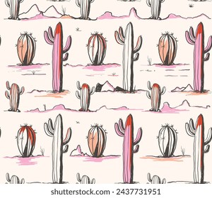 Desert cactus pattern in pink color, Wild West surface pattern design for All fabric and Prints, Rodeo seamless vector pattern, Cactus and Mountains Seamless Pattern. Desert Cacti repeat background