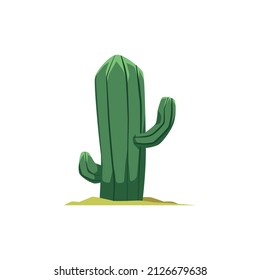 Desert cactus plant flat cartoon vector illustration isolated on white background. Cactus or cacti with thick stem and horned shoots cutout on white backdrop.