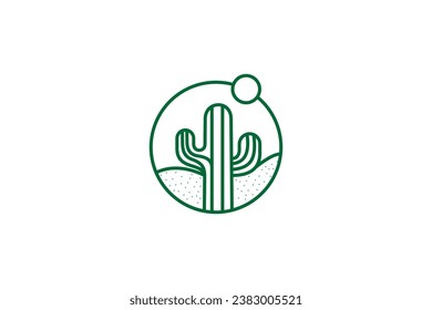 Desert cactus plant logo with circle frame in line art design style