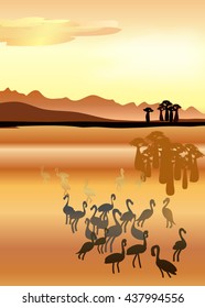 Desert with cactus plants, flamingo vector illustration. desert landscape with sand  dune. vector. 