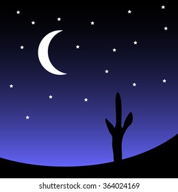 Desert with cactus plants at night. Vector illustration.