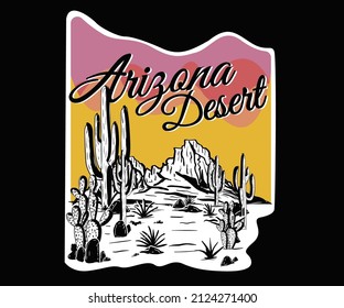 Desert and cactus print design for t shirt, poster, sticker, batch, embroidery and others. Mountain with desert vector artwork.  