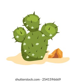 Cactus del desierto en arena en diseño plano. Suculenta salvaje con púas y flores. Ilustración vectorial aislada.