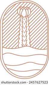 Desert cactus in the sand khaki boho landscape aesthetic icon. Stock vector illustration isolated on white background in line style.