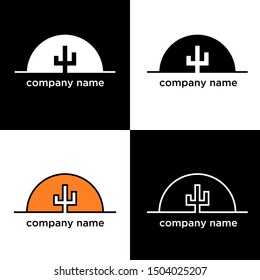 desert cactus silhouette against the setting or rising sun logo concept black and white, colorful and outline