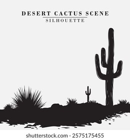 Desert Cactus Silhouette Black And White Stock Vector Illustration