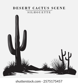 Desert Cactus Silhouette Black And White Stock Vector Illustration