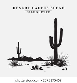 Desert Cactus Silhouette Black And White Stock Vector Illustration