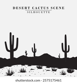 Desert Cactus Silhouette Black And White Stock Vector Illustration