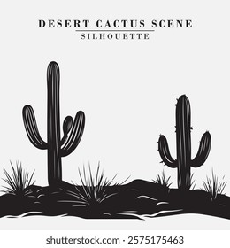 Desert Cactus Silhouette Black And White Stock Vector Illustration