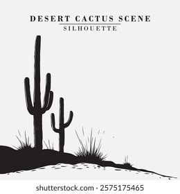 Desert Cactus Silhouette Black And White Stock Vector Illustration