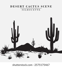 Desert Cactus Silhouette Black And White Stock Vector Illustration