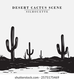 Desert Cactus Silhouette Black And White Stock Vector Illustration