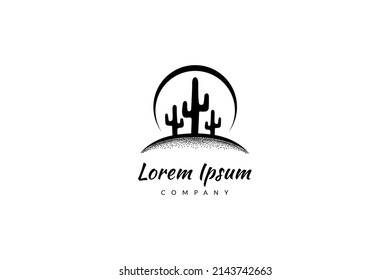 desert cactus silhouette logo on sun background in black and white flat design style