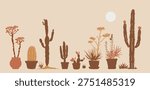 Desert Cactus and Succulent Plants Set in Pots, Minimal Flat Vector Illustration
