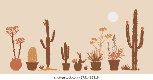 Desert Cactus and Succulent Plants Set in Pots, Minimal Flat Vector Illustration