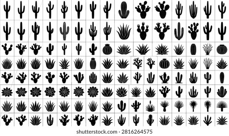 Desert cactus and succulent silhouette vector collection featuring prickly pear saguaro agave and aloe vera plant icons mega bundle
