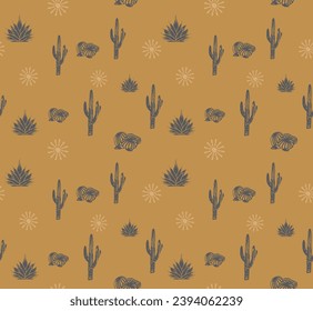 Desert Cactus y Sun Boohoo Seamless Pattern, nuevo fondo de impresión de Cactus de repetición , vintage de dibujos de mano oeste salvaje de vectores ilustración