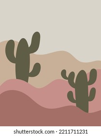 Desert Cactus Sol Fondo caliente Patrón de iluminación Plano Diseño Retro Moderno Plano Color Verde Rosa Cuto