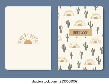 Desert cactus and sun template. Applicable for notebook covers, planners, brochures, books, catalogs etc