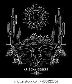 Desert cactus at sunset Arizona - vector illustration.Black and white