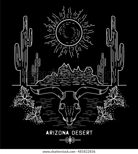 アリゾナの夕日に砂漠のサボテン ベクターイラスト 白黒 のベクター画像素材 ロイヤリティフリー