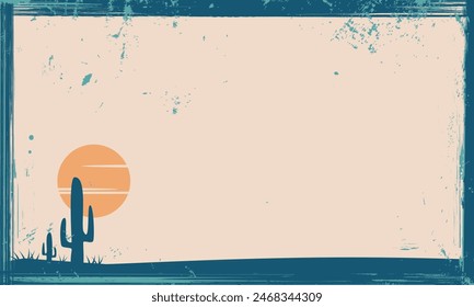Desert Cactus Sunset Retro Vector Landscape Illustration Scratched Damaged Stain Gritty Nostalgic Art Painting Flat Design