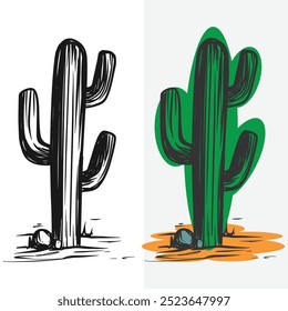 Desert cactus vector design in color and black and white versions, editable for all your graphic needs