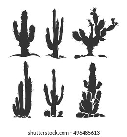 Desert cactus vector silhouette plants isolated on white. Monochrome plant illustration