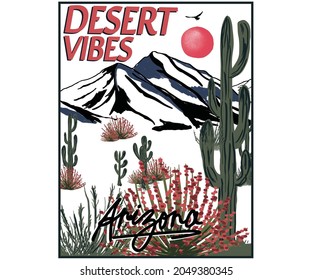 Desert with cactus water color hand paint vector design. Arizona illustration artwork for  apparel, poster, sticker and others. 