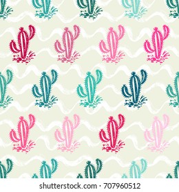 Desert with Cactuses. Cactus Vector Seamless pattern. Mexican Nature. Hand drawn doodle cacti. Floral background