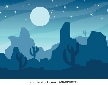 Desert with cactuses and moon in flat style. Night landscape. Vector illustration.