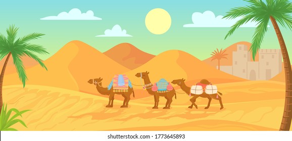 Desert camel. Caravan in egypt sahara landscapes. Cartoon arabic panoramic vector background with sand dunes and camels with saddle and decorative accessories. Domesticated desert animals