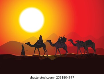 Desert camel caravan silhouette over the sunset