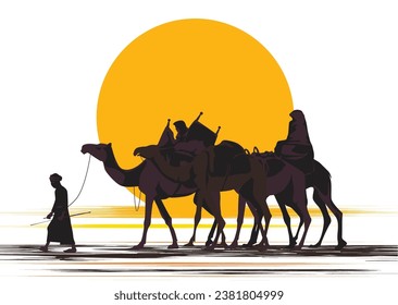 Desert camel caravan silhouette over the sunset, mirage