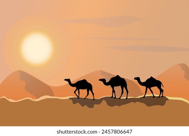 Silueta de caravana de camellos del desierto sobre el atardecer o el amanecer.