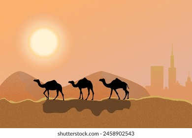 Desert camel caravan silhouette over the sunset or sunrise.